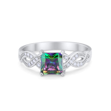 Solitaire Infinity Shank Ring Princess Cut Simulated Rainbow CZ 925 Sterling Silver